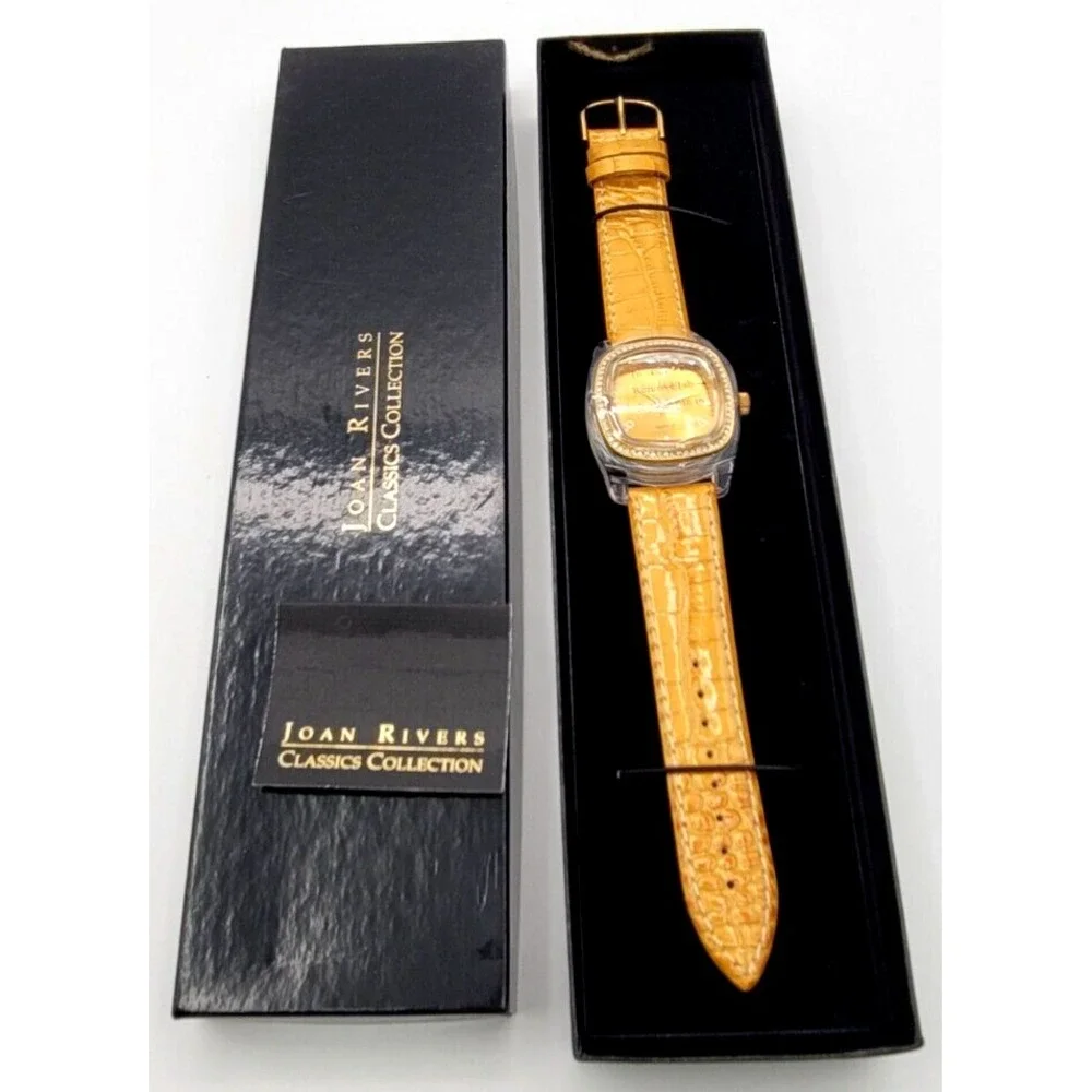 NEW Joan Rivers Classics Yellow Rhinestone Bezel Watch Black Box Leather‎ Strap